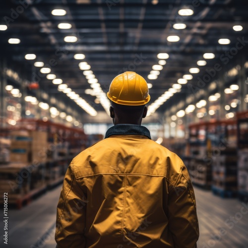 view from behind, industrial worker standing in a warehouse wearing a yellow hard hat and jacket 