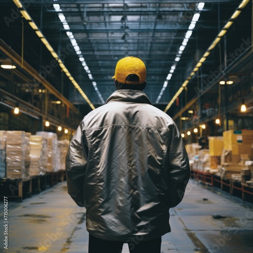 view from behind, industrial worker standing in a warehouse wearing a yellow hard hat and jacket 