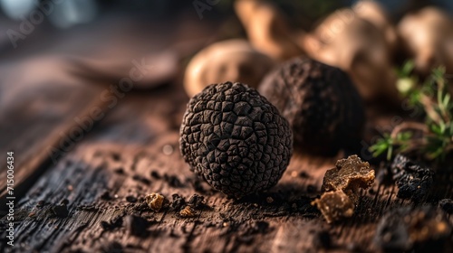 Black and white truffles on wooden background
