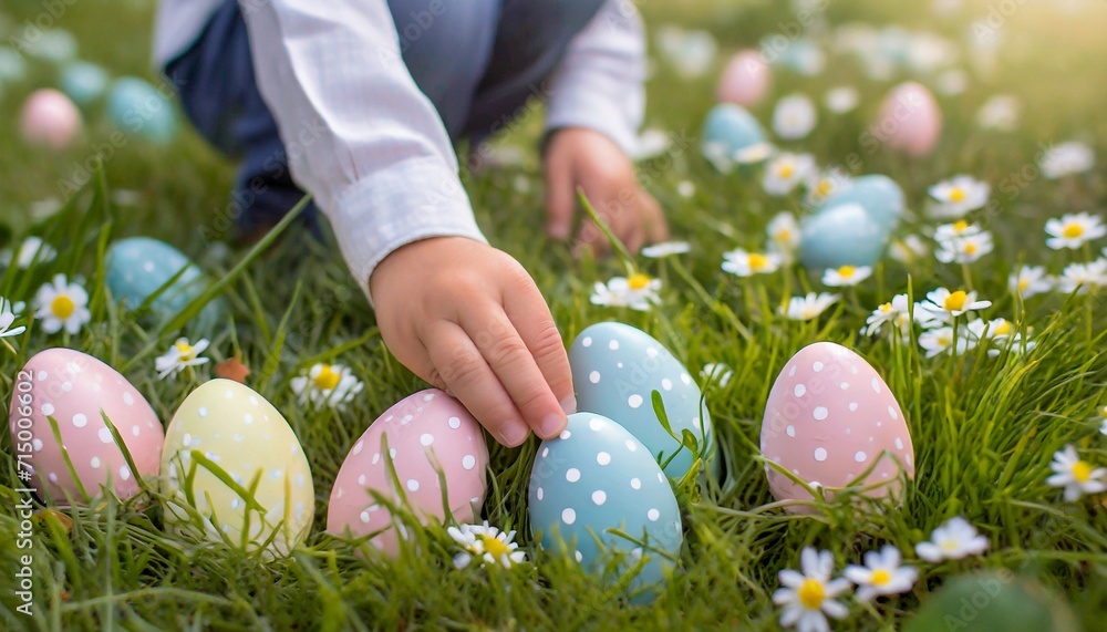 Fototapeta premium Child participating in an Easter Egg Hunt - Colorful Eggs assorted with Child hands grabbing the Egg. Image for Easter.