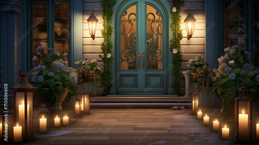 custom made wallpaper toronto digitalAn inviting entrance adorned with candles and a bouquet of freshly picked flowers, emanating a cozy and inviting atmosphere. - Generative AI