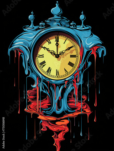 T-shirt design, 70's pop art, line art, emblem, sticker style, surreal hand holding a melting clock created with Generative Ai