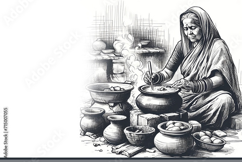 Sketech drwing of Indian Village Woman Baking Chapati on Wood Fire Stove, Traditional Cooking: Indian Village Woman Making Chapati, Ancient Kitchen: Indian Village Woman Preparing Food, Rural Indian C photo