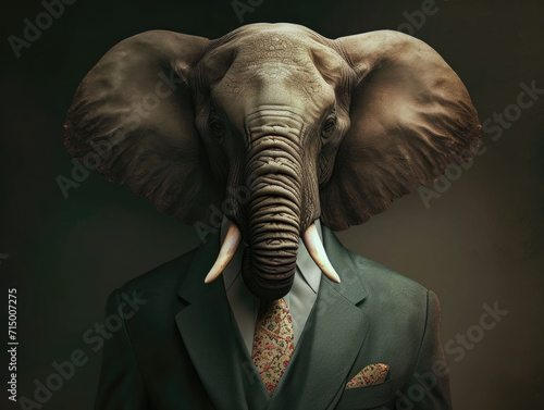 Elephant in a well-fitted suit with a striking trunk-themed tie, striking a pose that combines power and charm in a captivating anthropomorphic portrait.