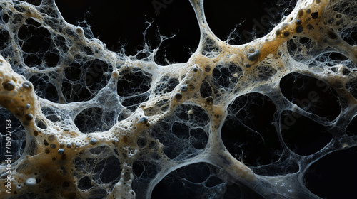 An artistic close-up of a fungal mycelium network, microbe, dynamic and dramatic compositions, with copy space