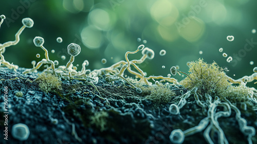 A magnified view of symbiotic microbes living on a plant root, microbe, dynamic and dramatic compositions, with copy space photo
