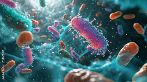 A stylized illustration of a microbial battle, depicting phagocytosis, microbe, dynamic and dramatic compositions, with copy space