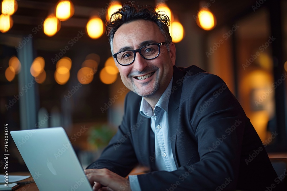 Smiling Man in Suit and Glasses Using Laptop Generative AI Smiling Man in Suit and Glasses Using Laptop Generative AI