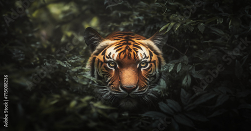 portrait of a tiger in a jungle. tigers head in a bush about to attack.