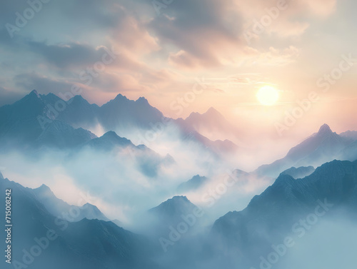 Image of a silver sunrise illuminating the misty mountains. The soft gradients and ethereal atmosphere can inspire breathtaking digital art pieces. © B & G Media