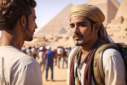 two men of different cultures engaged in a deep and meaningful conversation. The man on the left wears a traditional Bedouin headdress, while the man on the right wears a Western shirt and glasses.