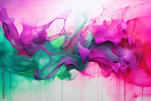 Splashes of magenta and emerald collide, giving birth to a vibrant and energetic abstract composition on the canvas.