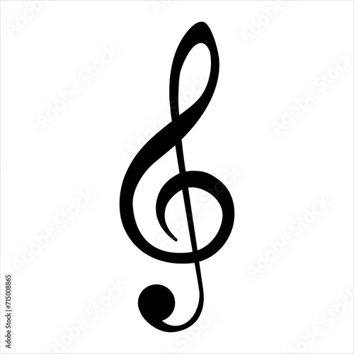 Black music note symbol. Treble clef isolated on white background. Hand drawn doodle thick outline treble clef. Vector illustration.