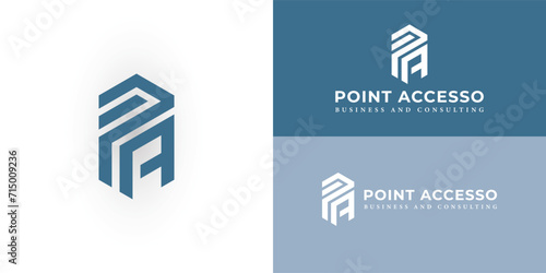 Initial letters PA rounded hexagon shape monogram blue simple modern logo presented with multiple background colors. The logo is suitable for a business and consulting company logo design inspiration