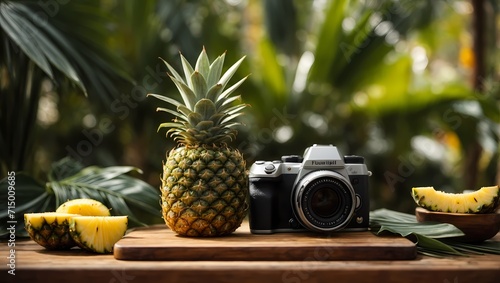 a fresh pineapple on a cutting board. The pineapple is green and yellow, with a spiky crown of leaves. It is cut into slices, revealing the juicy, yellow flesh inside. photo