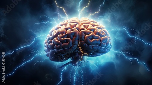 Brainstorming concept. Human brain and thunderbolt. Smart brain. Creativity. Fast learning photo