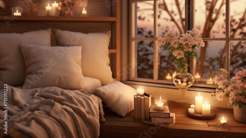 A cozy reading nook embellished with scented candles and delicate flowers, offering a serene space for relaxation and contemplation - Generative AI