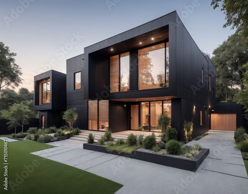 Modern luxury minimalist cubic house, villa with wooden cladding and black panel walls and landscaping design front yard. Residential architecture exterior. 