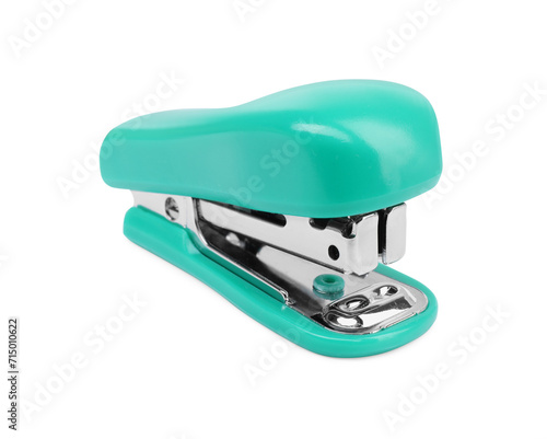 One new turquoise stapler isolated on white