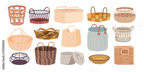 Baskets set vector illustration. Cartoon isolated wicker, metal and straw baskets of round and square shape, rope and fabric decor, wooden boxes with handles for furniture and picnic food storage
