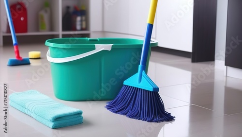 Brushes, bottles with cleaning liquids, sponges, a rag and rubber gloves on the floor in the apartment. Cleaning products in a bucket on the floor. Advertising of cleaning company services