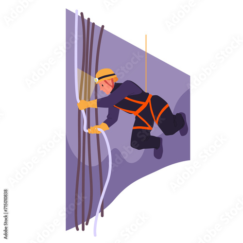 Industrial climber hanging on ropes to fix wires vector illustration. Cartoon isolated professional technician in helmet with flashlight and mountaineering belt repairing cable, descent of electrician
