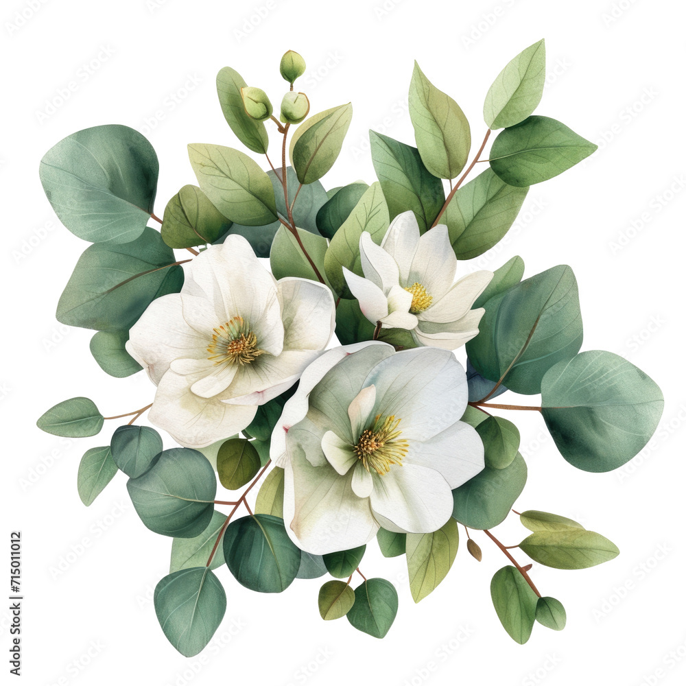 Isolated watercolor white flowers and green eucalyptus leaves on a ...