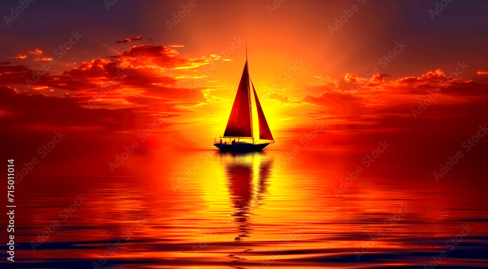 A sailboat is sailing in the ocean at sunset