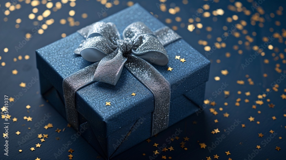 Blue Gift Box with Bow and Gold Stars Generative AI Blue Gift Box with Bow and Gold Stars Generative AI