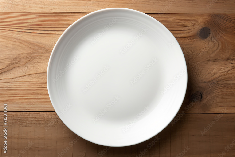 Minimalist Culinary Scene: Clean White Plate Resting on a Warm Wooden Background, Embracing Simplicity and Elegance in Minimalist Design Aesthetics Minimalist Culinary Scene: Clean White Plate Resting on a Warm Wooden Background, Embracing Simplicity and Elegance in Minimalist Design Aesthetics