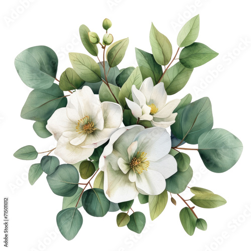 Isolated watercolor white flowers and green eucalyptus leaves on a transparent background, png #715011012