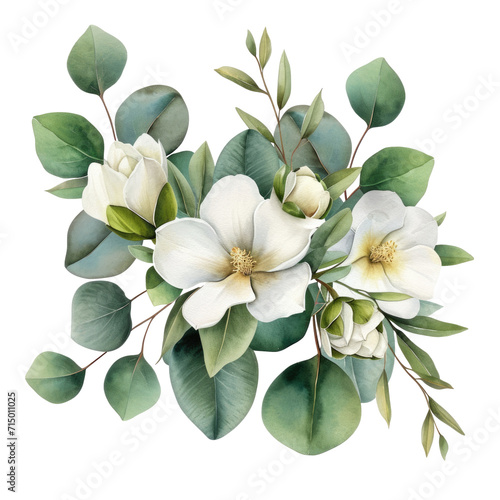 Isolated watercolor white flowers and green eucalyptus leaves on a transparent background  png