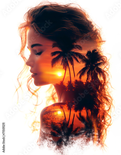 Double exposure of the beautiful girl and the Caribbean landscape at sunset. Longing for sun, palm trees and the sea