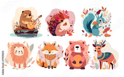 Cute baby animals in autumn nature set vector illustration. Cartoon isolated collection of woodland scenes with fall floral pattern and ornament, funny wild beaver hedgehog squirrel lion fox deer bear