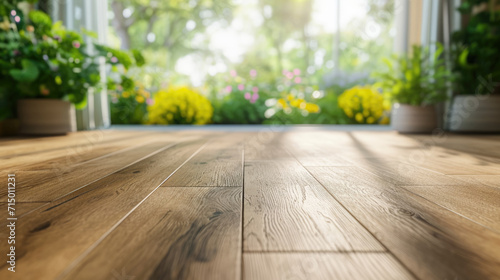 New brown matte oak texture laminate flooring, blurred spring garden background, macro shot, focus on laminate flooring. photo