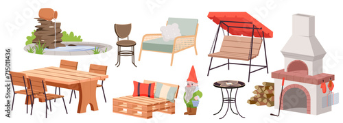 Garden furniture and barbecue equipment. Cartoon isolated outdoor loft wooden chair and hanging couch swing with cushion and canopy, gnome and fireplace, terrace table