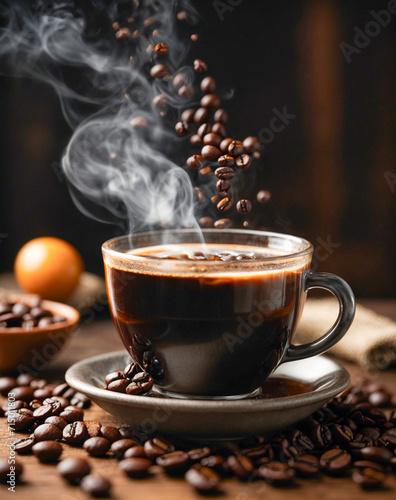 Fototapeta Naklejka Na Ścianę i Meble -  cup of coffie with cinnamon and star anise on wooden background