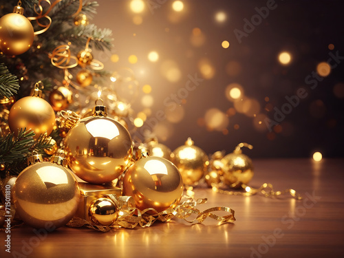 Christmas golden decoration with glowing lights and baubles designs.