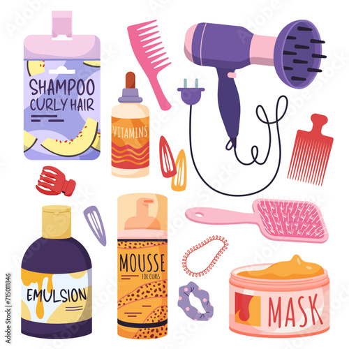 Beauty care for curly hair set vector illustration. Cartoon isolated collection of cosmetics for curly girl method free of silicone and sulfates, shampoo, mask and emulsion, wide tooth comb and clip