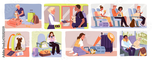 Travel with cats and dogs in transport set vector illustration. Cartoon scenes in plane and bus, train with people and pets inside plastic carrier boxes, transportation and delivery of animals