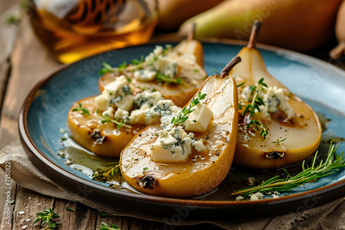 Appetizer Baked pears with blue cheese, honey and herbs on plate on wooden background