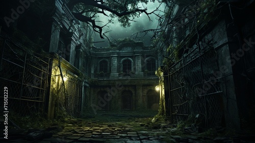 A decrepit, abandoned asylum obscured by overgrown foliage, its broken windows and barred doors hinting at forgotten horrors - Generative AI © Huzaifa