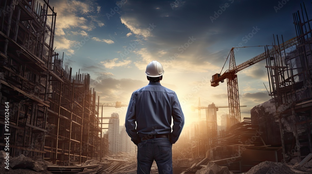 Engineer looking the building construction at the construction site Engineer looking the building construction at the construction site