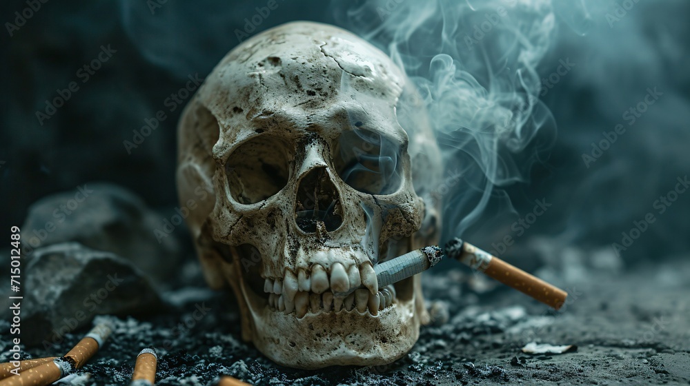 A close-up of a skull with a cigarette in its mouth Generative AI - obrazy, fototapety, plakaty 