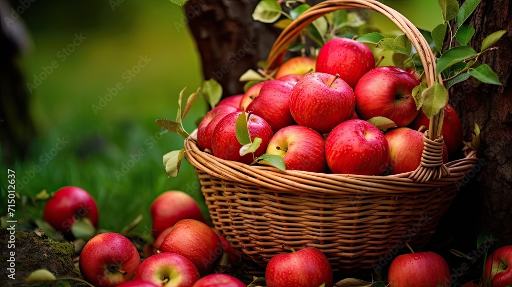 Ripe Red Apples in a Basket in the Garden. Fresh apples. Red fruit.
healthy