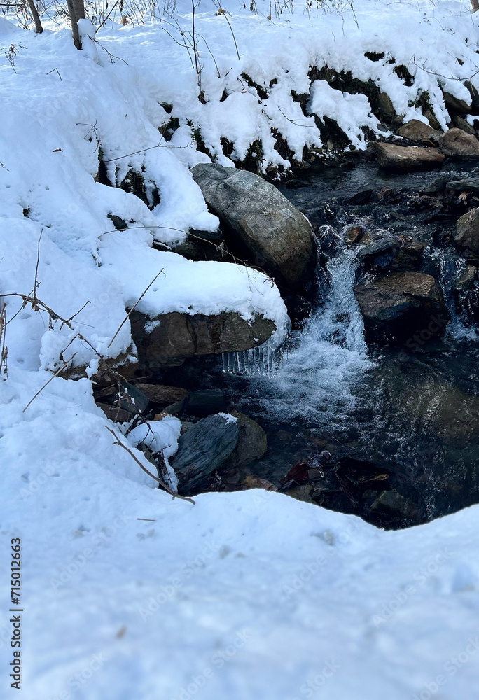 stream, creek, river in forest during snowy, freezing winter. stream, creek, river in forest during snowy, freezing winter.