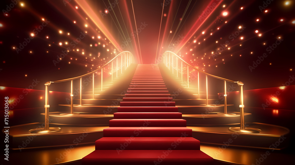 Red carpet staircase with smoke and spotlights, holiday awards ceremony event Red carpet staircase with smoke and spotlights, holiday awards ceremony event