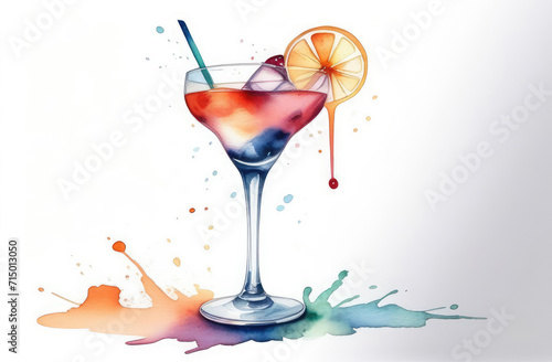 watercolor illustration of refreshing cocktail. alcohol drink in glass with orange slice and ice.