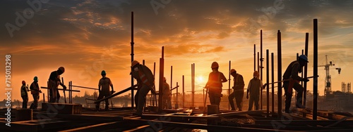 Silhouette of construction workers on the construction site at sunset. Engineer banner concept. 