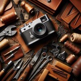 Capture the intricacies of leather crafting by focusing on an organized yet natural arrangement of tools and materials. Consider varying depths, angles, or lighting to accentuate textures and details